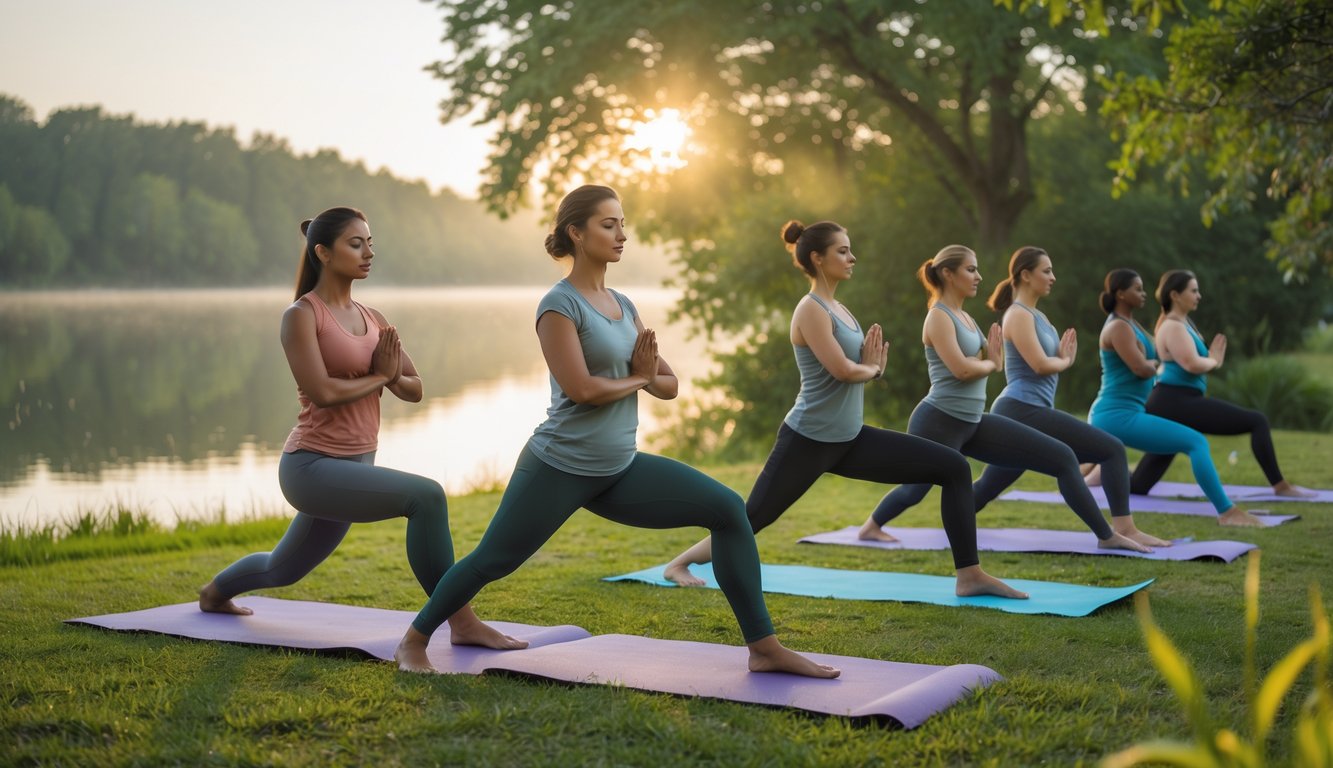 Sekelompok orang sedang melakukan latihan Hatha Yoga dasar di luar ruangan dekat danau dengan latar belakang pepohonan dan langit cerah.