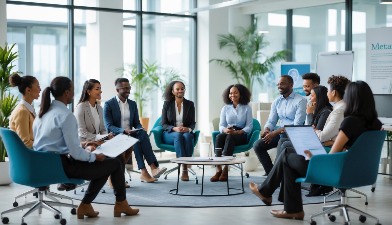 Sekelompok karyawan sedang mengikuti workshop kesehatan mental di ruang kantor yang terang dan nyaman, dengan suasana mendukung dan penuh perhatian.