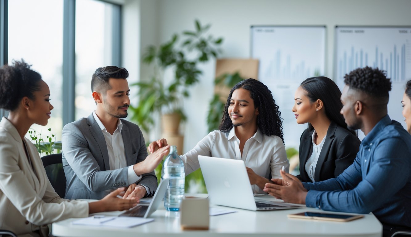 Sekelompok karyawan dengan beragam latar belakang sedang berdiskusi dan saling mendukung di kantor yang terang dan nyaman.