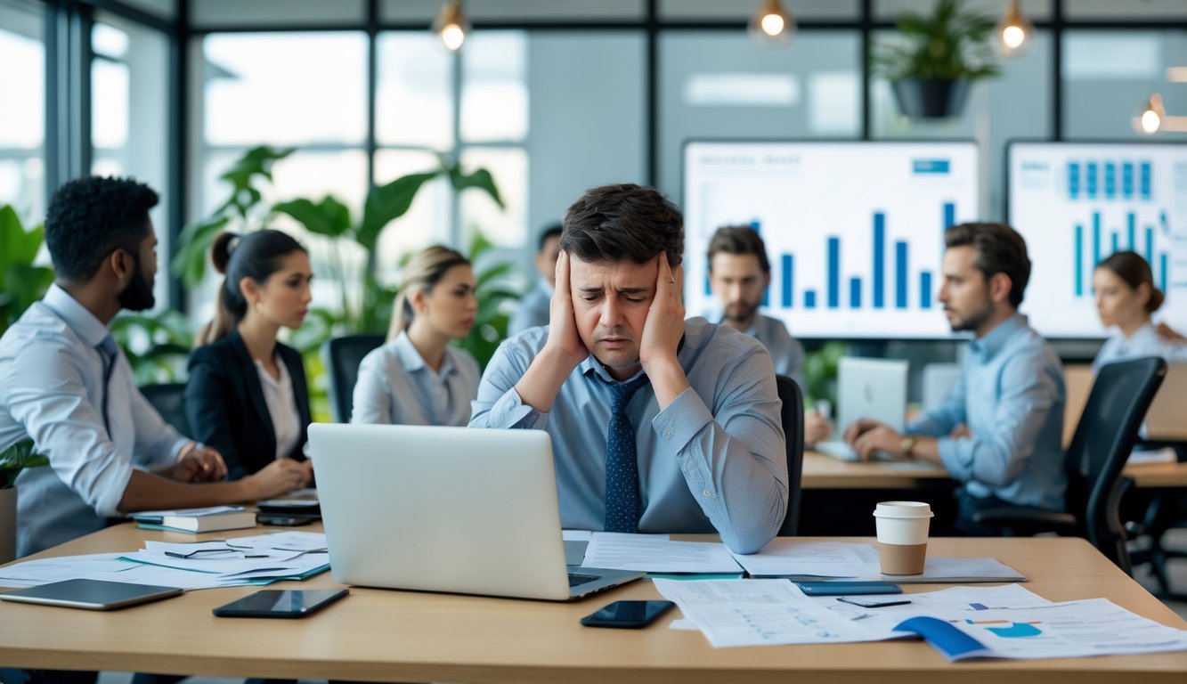 Seorang pekerja kantor yang terlihat lelah dan stres duduk di meja dengan rekan kerja di sekitar dalam kantor modern.