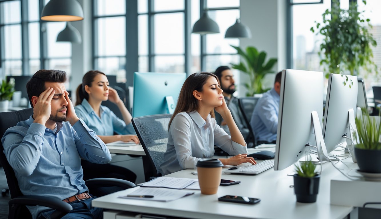 Sejumlah pekerja kantor yang terlihat lelah dan stres di ruang kerja modern dengan meja, komputer, dan jendela besar.
