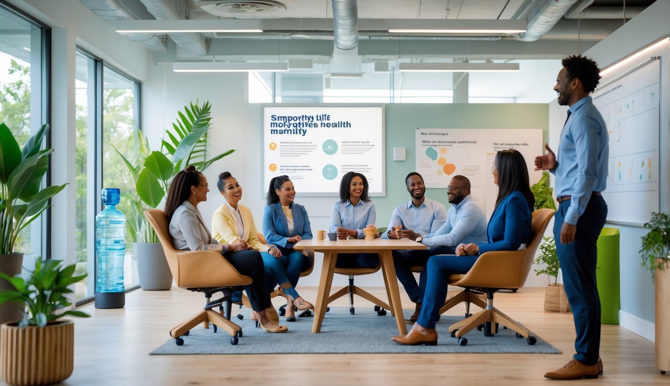 Sekelompok karyawan sedang berdiskusi santai di ruang kantor yang terang dan nyaman dengan tanaman hijau di latar belakang.