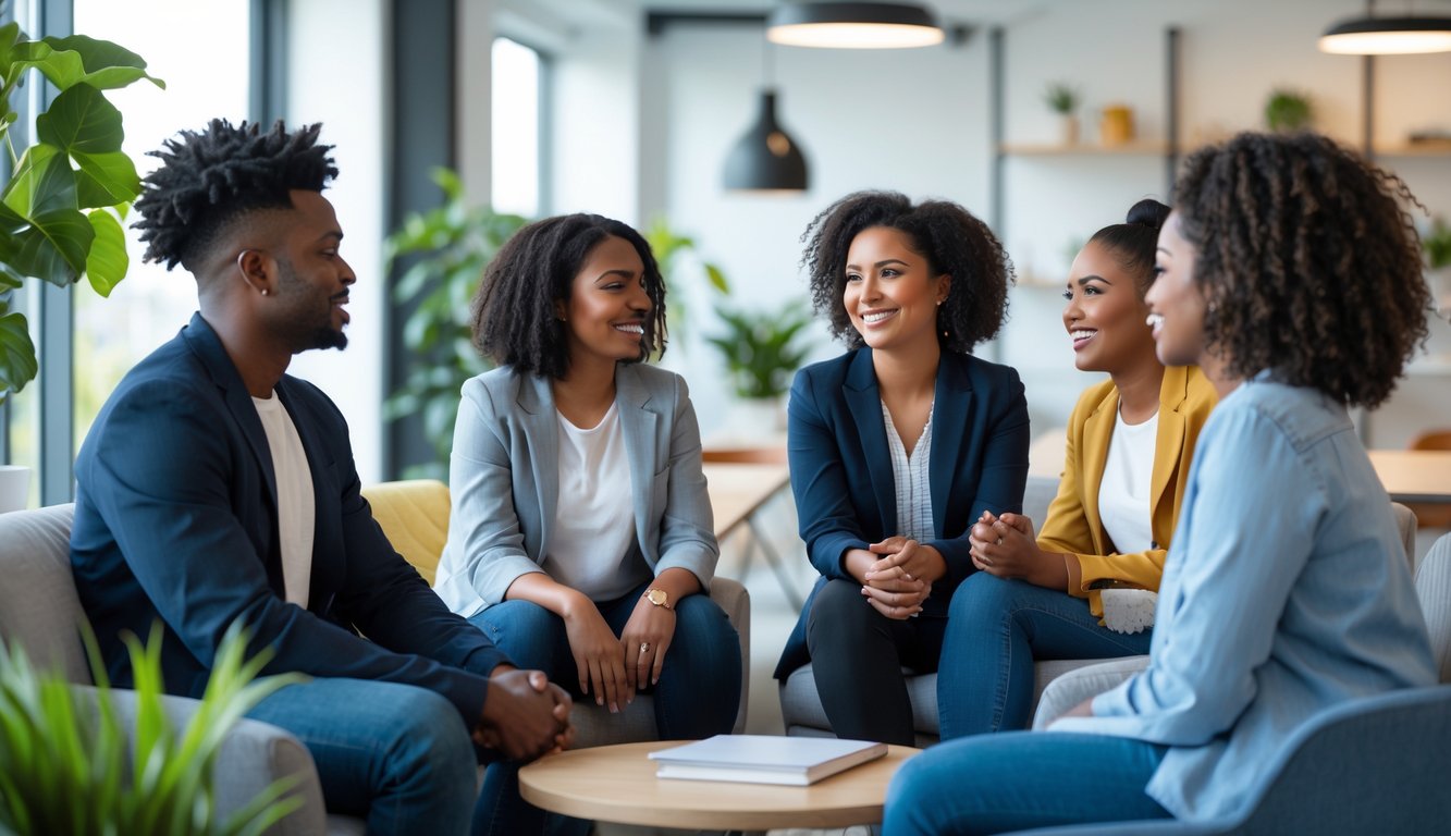 Sekelompok karyawan sedang berbicara dan saling mendengarkan di ruang kantor yang terang dan nyaman.
