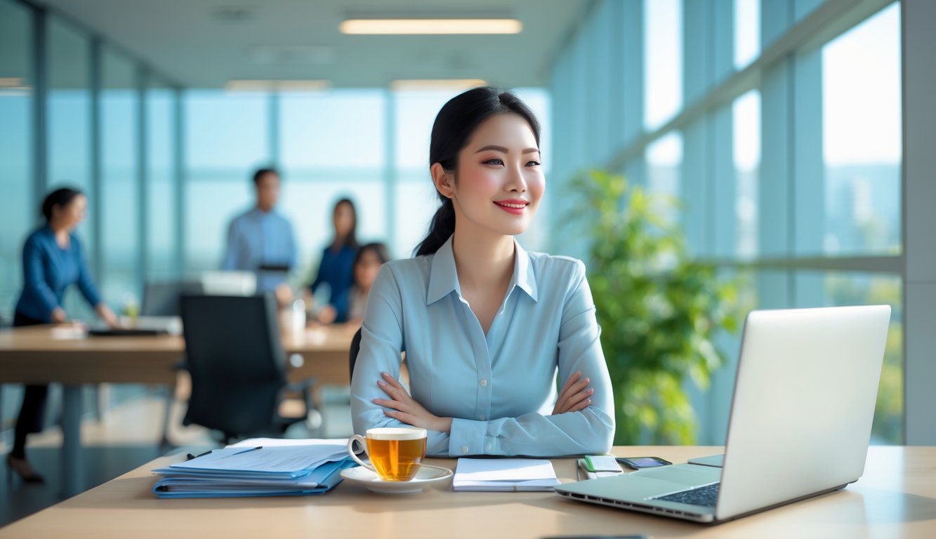 Seorang wanita muda di kantor yang terlihat tenang dan percaya diri duduk di meja kerjanya dengan pemandangan jendela besar di belakangnya dan rekan kerja yang sedang berdiskusi di latar belakang.