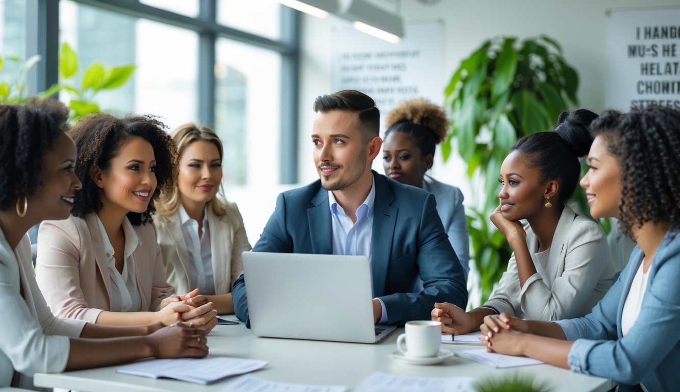 Seorang manajer yang mendukung timnya dalam pertemuan di kantor, dengan anggota tim yang terlihat tenang dan terlibat.