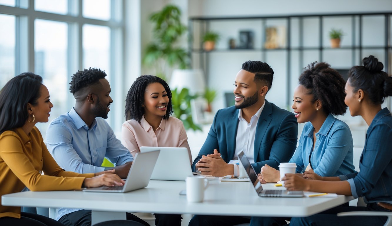 Seorang manajer sedang berbicara dengan anggota tim di ruang kantor yang terang dan nyaman, menunjukkan dukungan dan perhatian terhadap kesehatan mental.