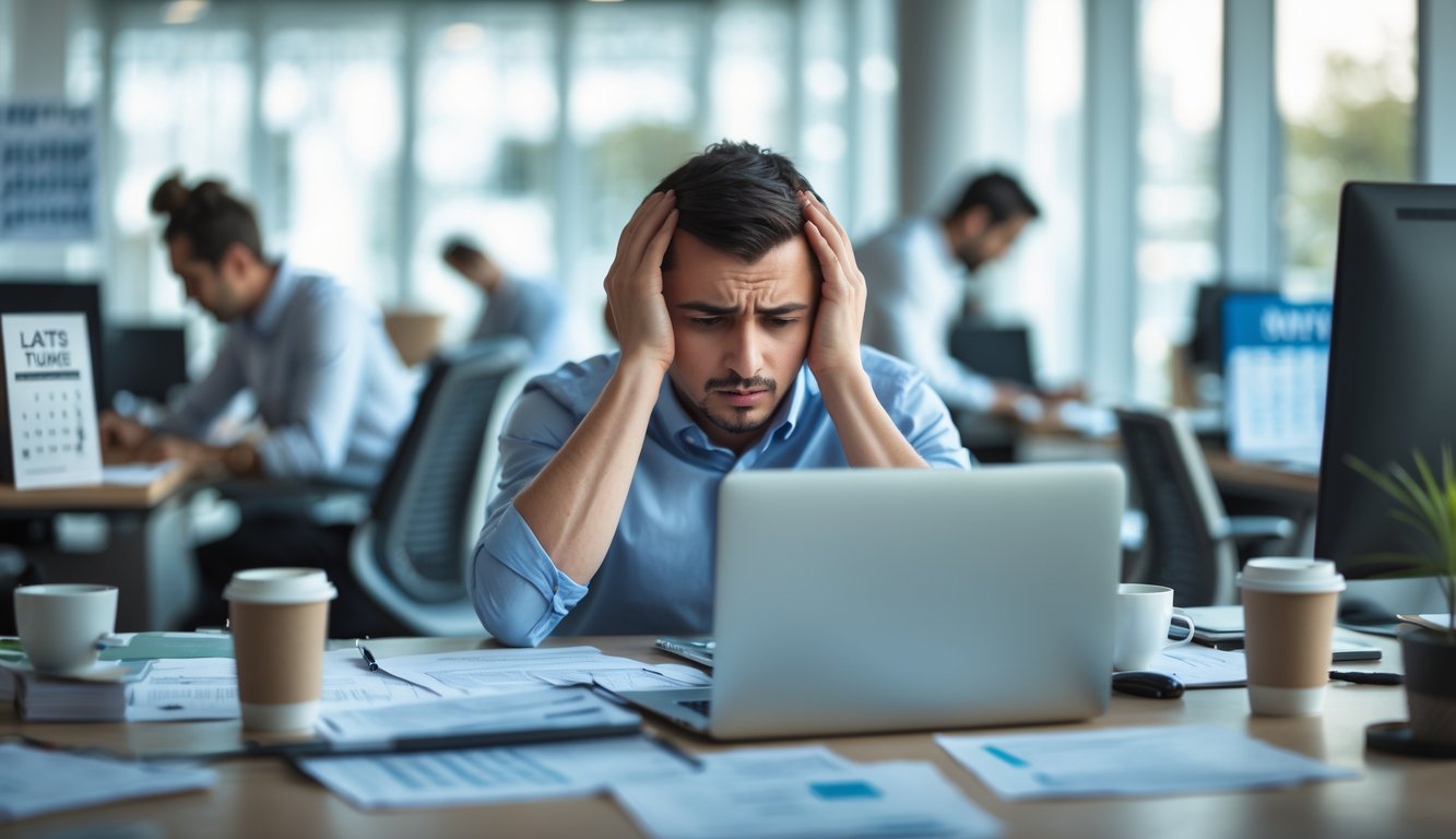 Seorang karyawan terlihat lelah dan stres duduk di meja kantor yang berantakan dengan tumpukan kertas dan laptop, suasana kerja yang penuh tekanan di latar belakang.