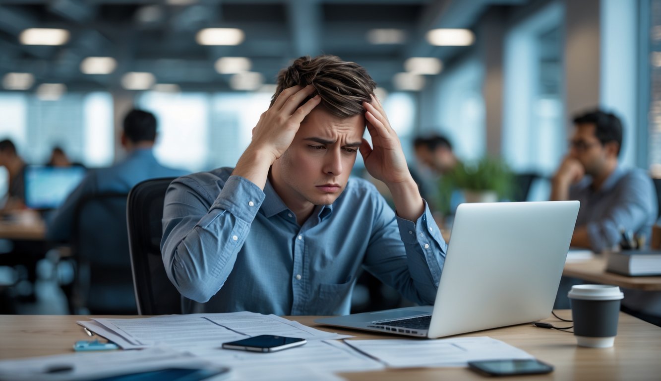 Seorang karyawan terlihat lelah dan stres di meja kerjanya yang berantakan di kantor modern pada malam hari.