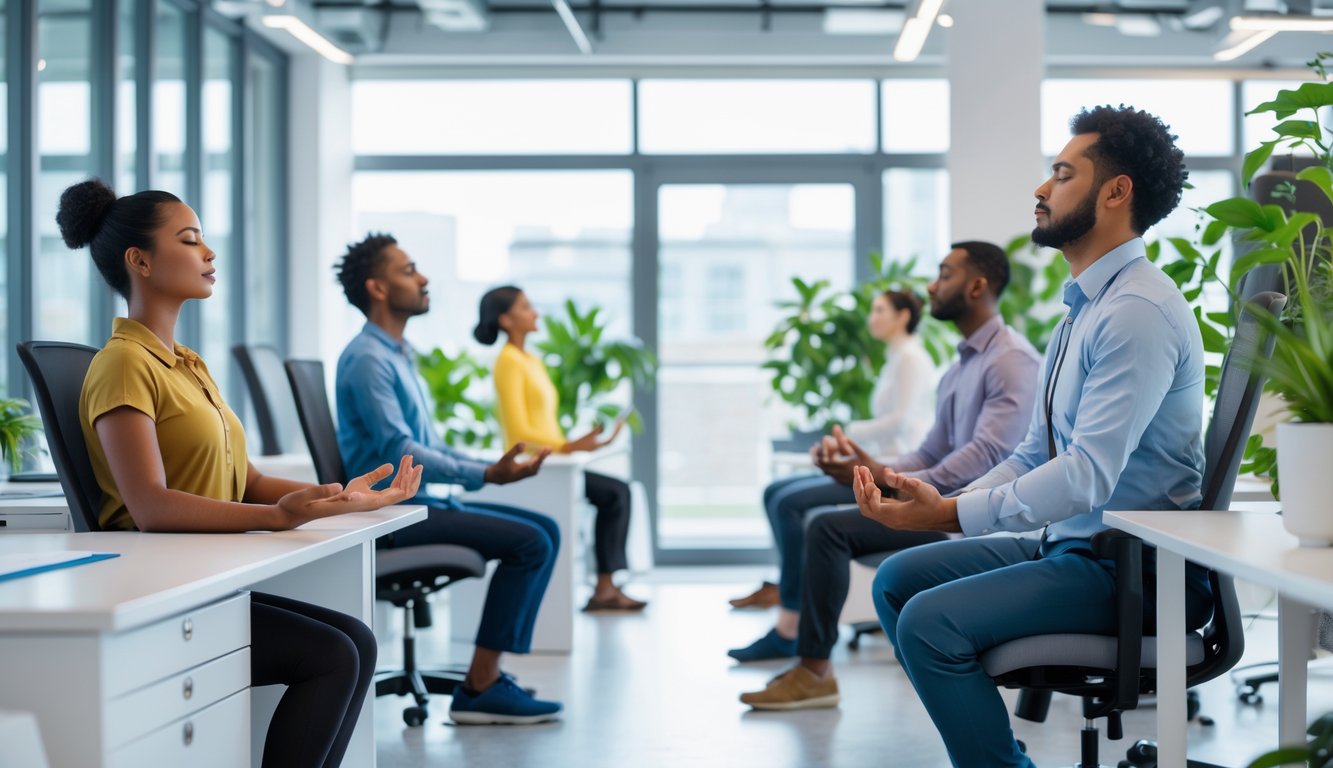 Beberapa pekerja di kantor sedang melakukan latihan relaksasi dan mindfulness dengan mata tertutup dan posisi duduk santai di ruang kerja yang terang dan rapi.