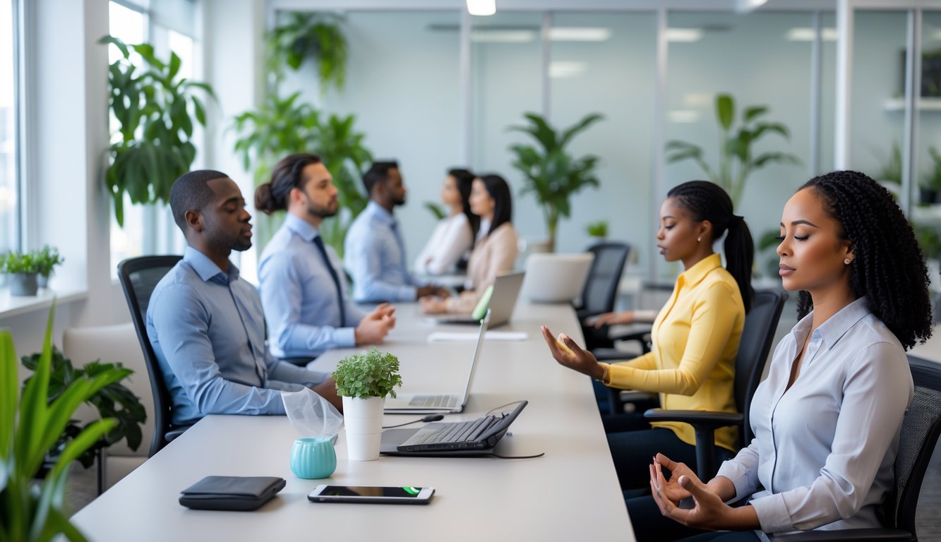 Beberapa pekerja kantor sedang melakukan teknik relaksasi dan mindfulness di ruang kerja yang terang dan nyaman.
