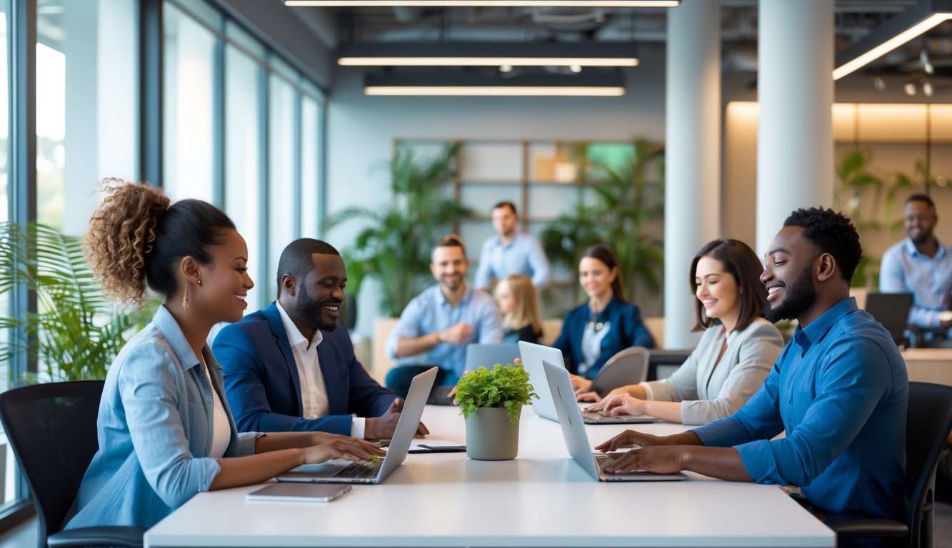 Sekelompok karyawan di ruang kantor modern yang cerah, beberapa berdiskusi dan tersenyum, sementara yang lain beristirahat di area santai dengan tanaman dan cahaya alami.