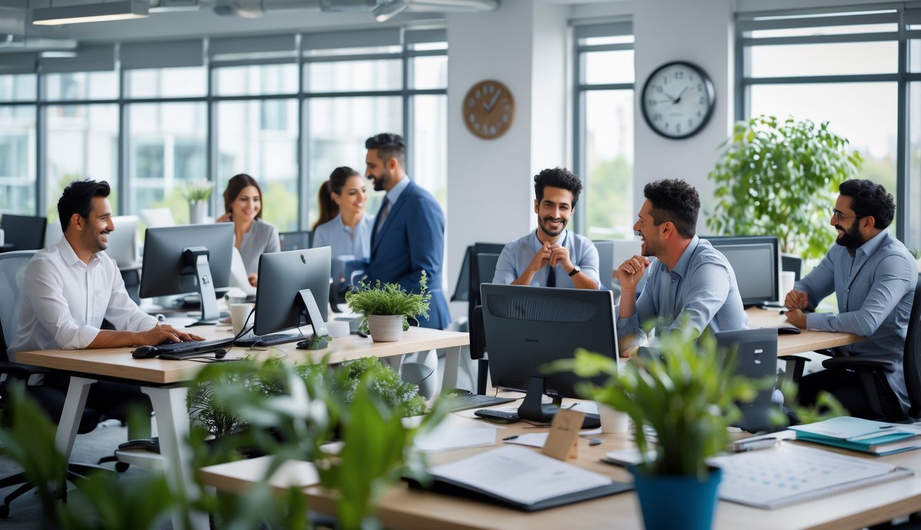 Sekelompok karyawan beragam di kantor modern, beberapa bekerja di meja, beberapa berbincang santai, suasana tenang dan nyaman dengan cahaya alami dan tanaman.