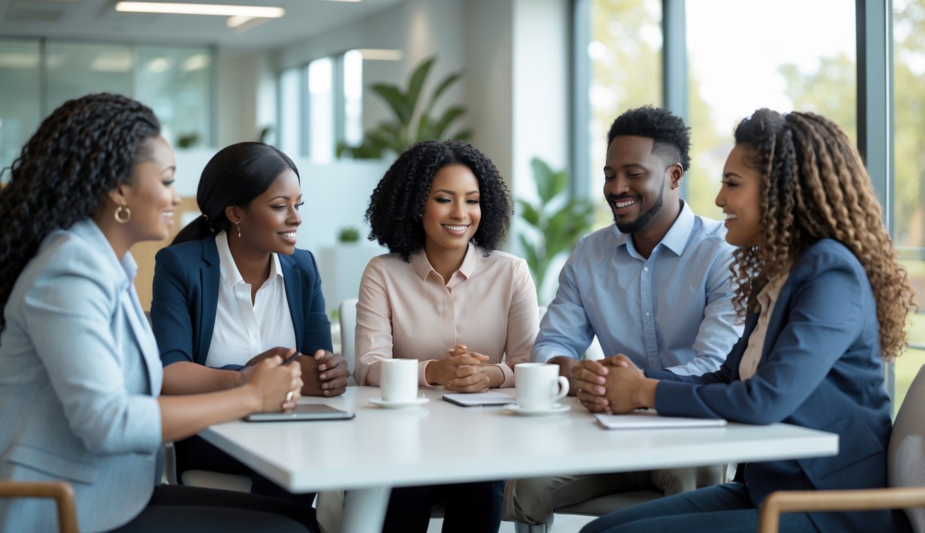 Sekelompok karyawan sedang berdiskusi dengan suasana hangat dan mendukung di kantor modern.