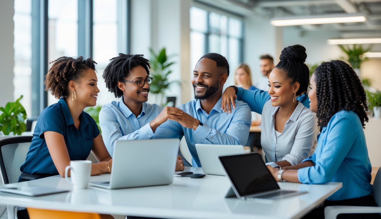 Sekelompok karyawan di kantor modern sedang berbicara dan saling mendukung dalam suasana yang ramah dan terbuka.