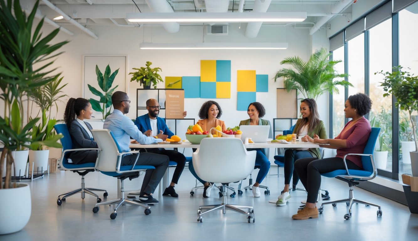 Karyawan di kantor sedang berdiskusi dan melakukan latihan ringan di ruang kerja yang terang dan penuh tanaman.