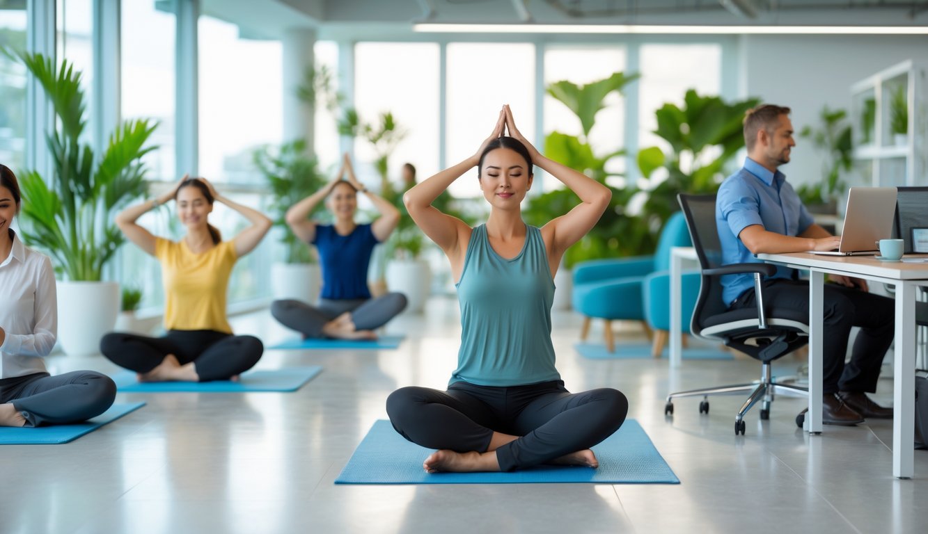 Karyawan di kantor yang sedang melakukan aktivitas untuk meningkatkan kebugaran mental seperti meditasi, peregangan, dan diskusi satu lawan satu.