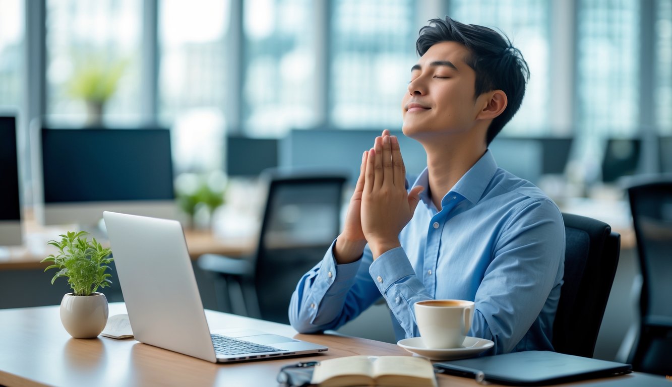 Seorang pekerja kantor duduk tenang di mejanya dengan mata tertutup, beristirahat sejenak di lingkungan kantor yang sibuk.