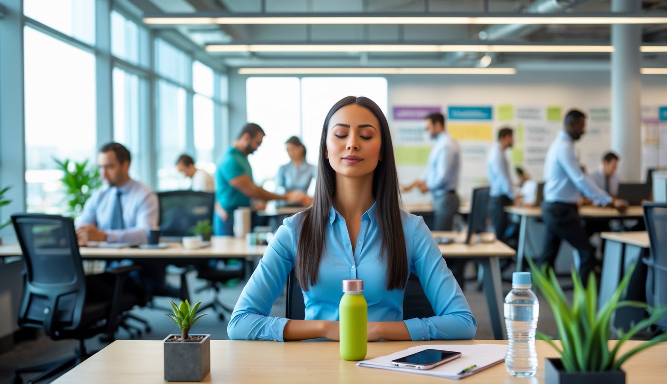 Seorang wanita muda sedang bermeditasi di mejanya di kantor yang sibuk dengan rekan kerja lain yang bekerja dan beristirahat di sekitar.
