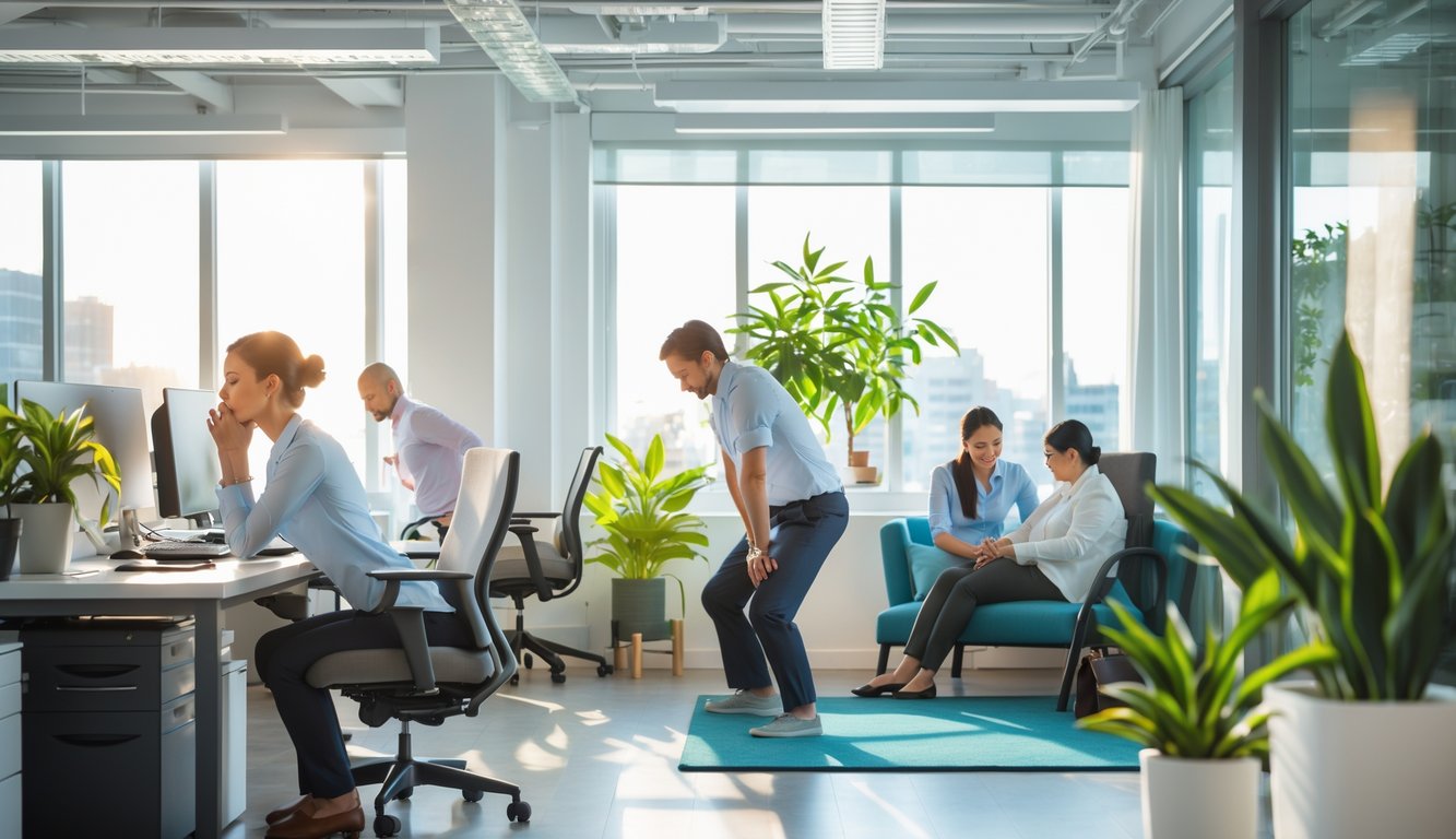 Sejumlah pekerja kantor melakukan aktivitas relaksasi dan menjaga kebugaran mental di ruang kerja yang terang dan rapi.