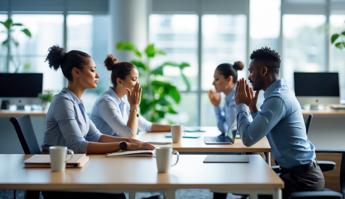 Sejumlah karyawan di kantor modern sedang melakukan kegiatan untuk mengelola stres kerja dan menjaga kebugaran mental, seperti peregangan dan berbicara dengan rekan kerja.