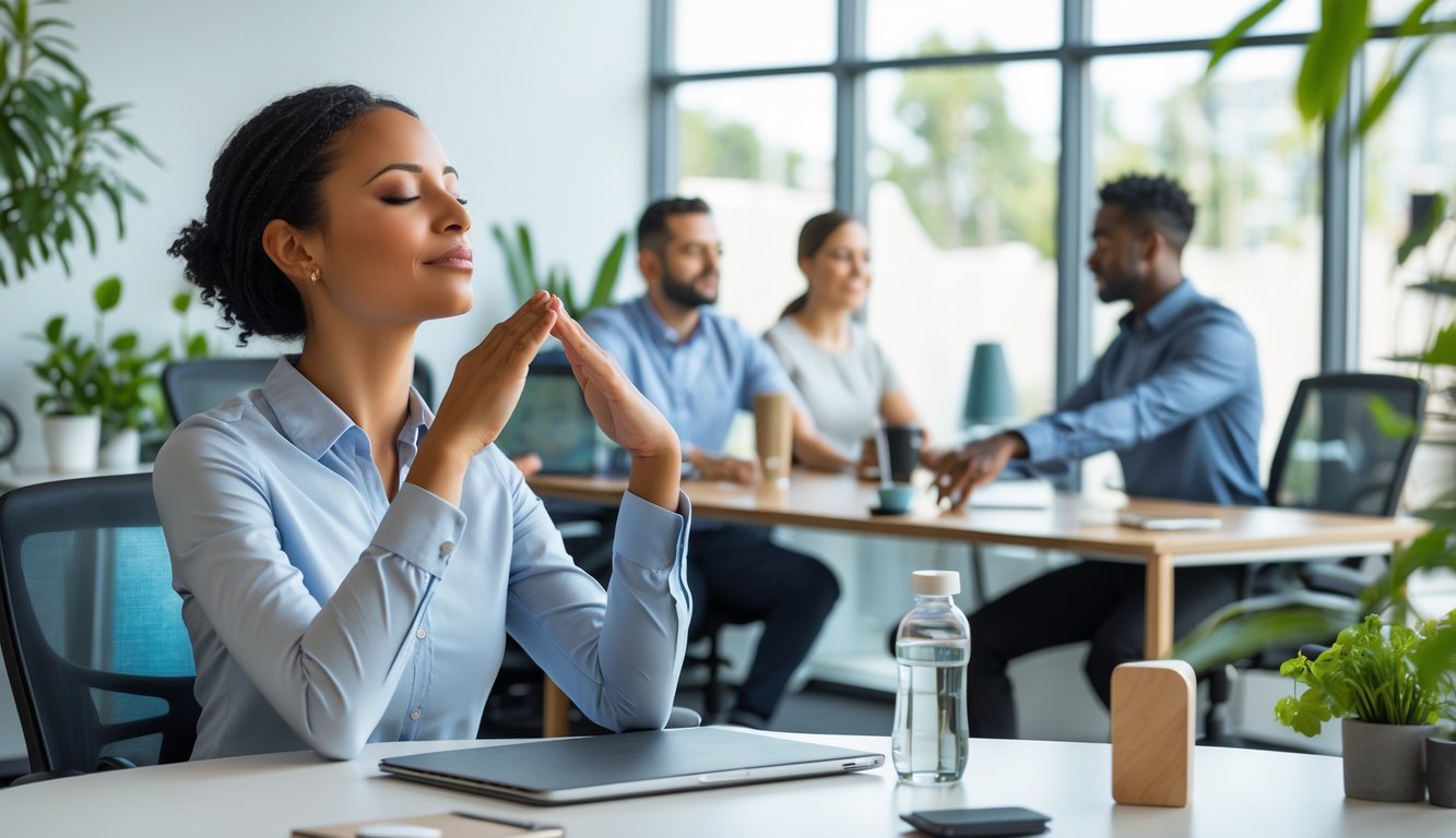 Sejumlah pekerja kantor sedang melakukan aktivitas yang mendukung kesehatan mental, seperti meditasi, peregangan, dan berbincang santai di ruang kerja yang terang dengan tanaman hijau.