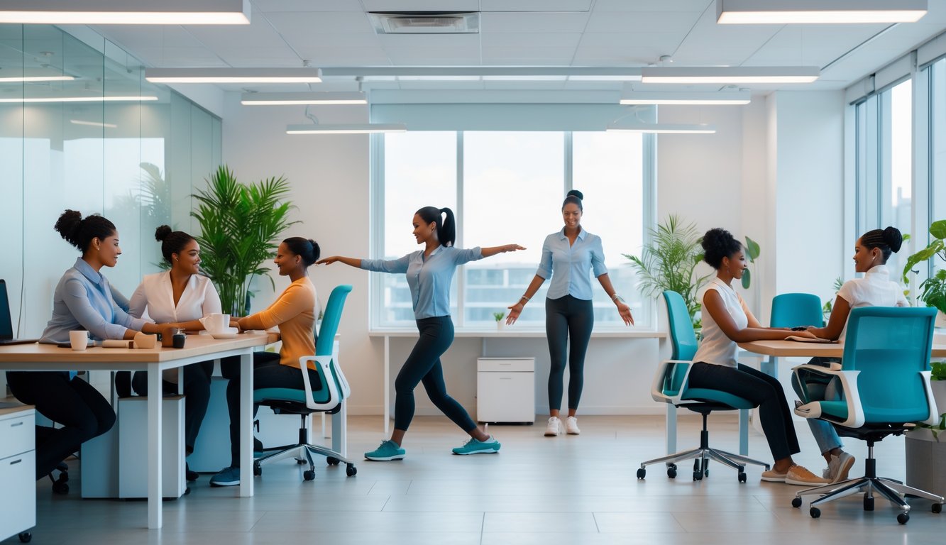 Sejumlah pekerja kantor beragam sedang melakukan aktivitas positif untuk kesehatan mental seperti meditasi, peregangan, dan berbincang ramah di ruang kerja yang terang dan nyaman.