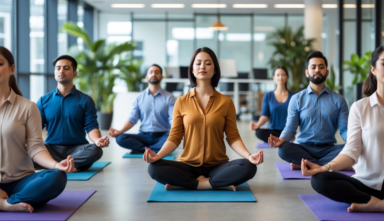 Sekelompok karyawan kantor duduk melingkar di atas matras yoga di ruang kantor yang terang, melakukan latihan mindfulness dan relaksasi dengan ekspresi tenang.