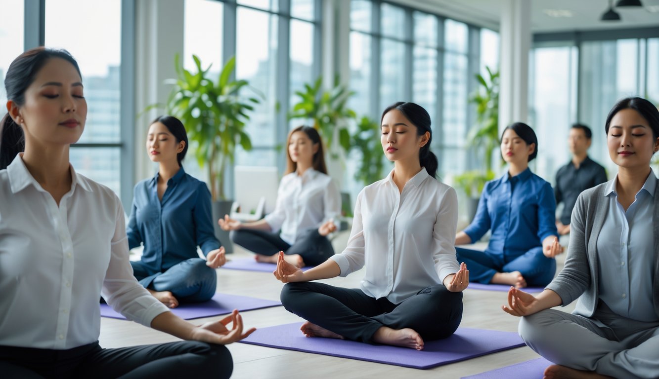 Sekelompok karyawan kantor sedang melakukan latihan mindfulness dan relaksasi di ruang kantor dengan pencahayaan alami.