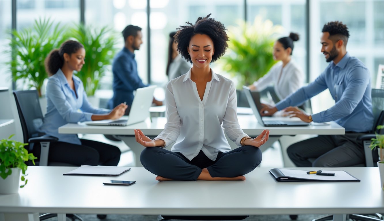 Sejumlah pekerja kantoran melakukan aktivitas yang menunjukkan menjaga kesehatan mental sambil tetap produktif di ruang kerja terang dengan tanaman hijau.