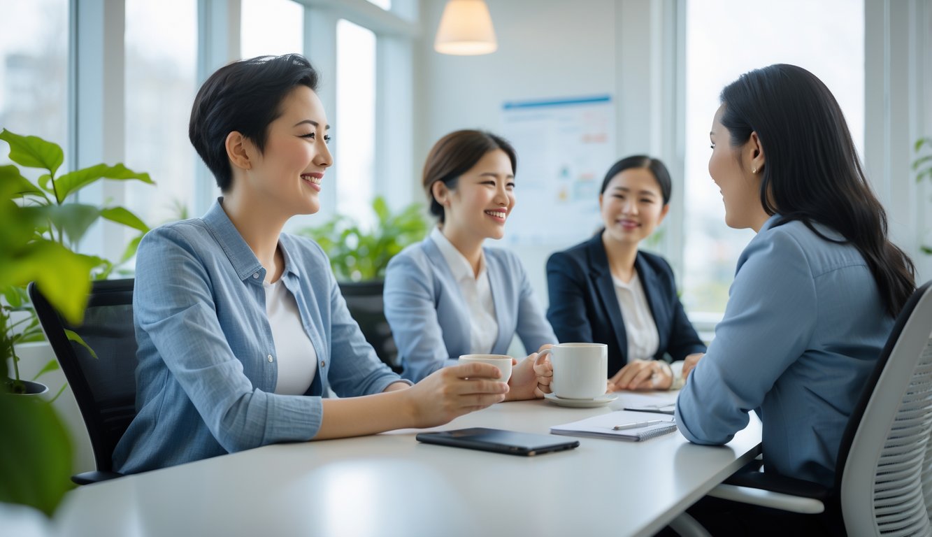 Beberapa pekerja kantor sedang berinteraksi dengan suasana yang tenang dan ramah di ruang kerja yang terang dan penuh tanaman.