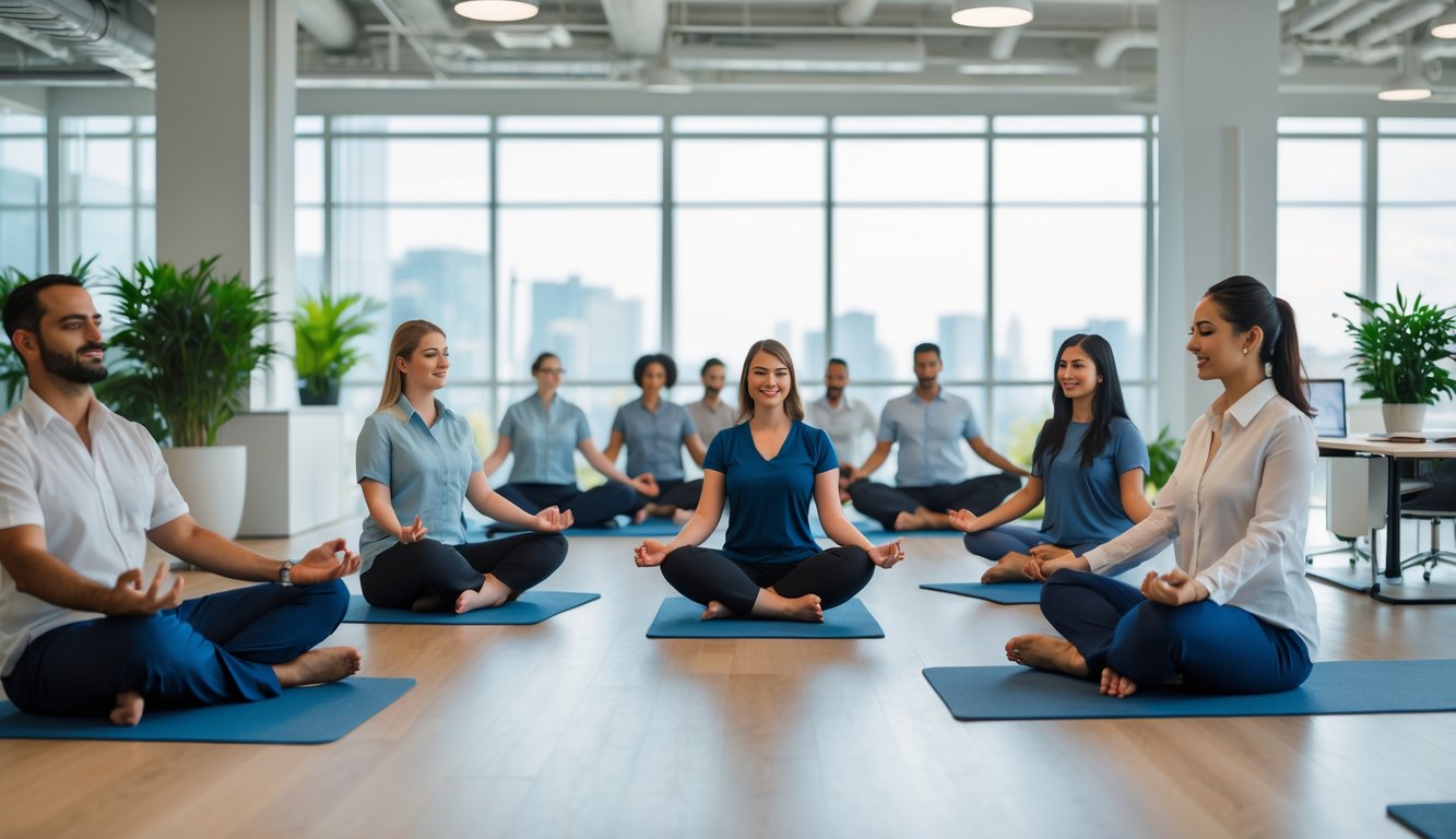 Sekelompok pekerja kantor sedang melakukan aktivitas kebugaran mental di ruang kerja yang terang dan nyaman dengan tanaman hijau dan jendela besar.