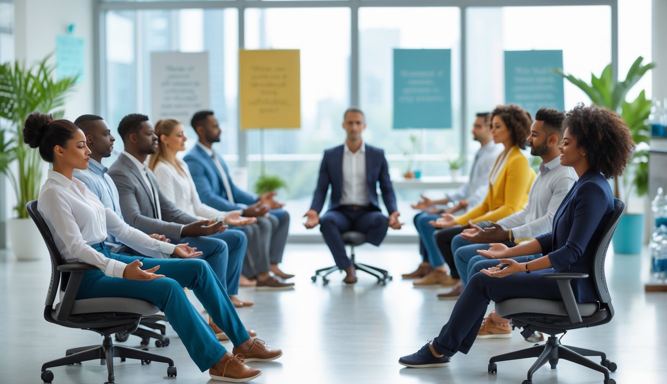 Sekelompok pekerja kantor sedang mengikuti sesi meditasi mindfulness di ruang kantor yang terang dan modern.