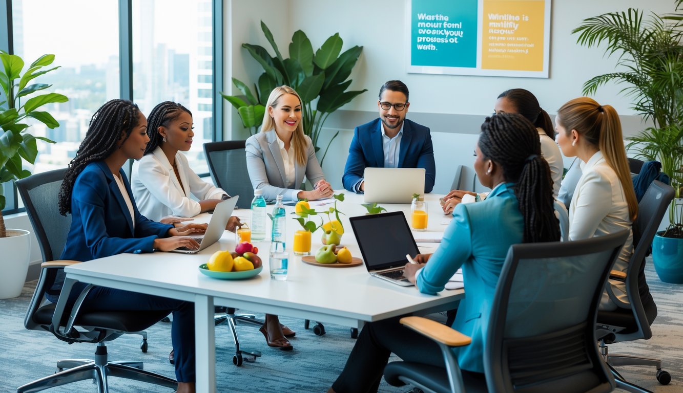Sekelompok pekerja kantor sedang mengikuti pertemuan tentang kesehatan mental di ruang konferensi modern dengan tanaman dan pencahayaan alami.