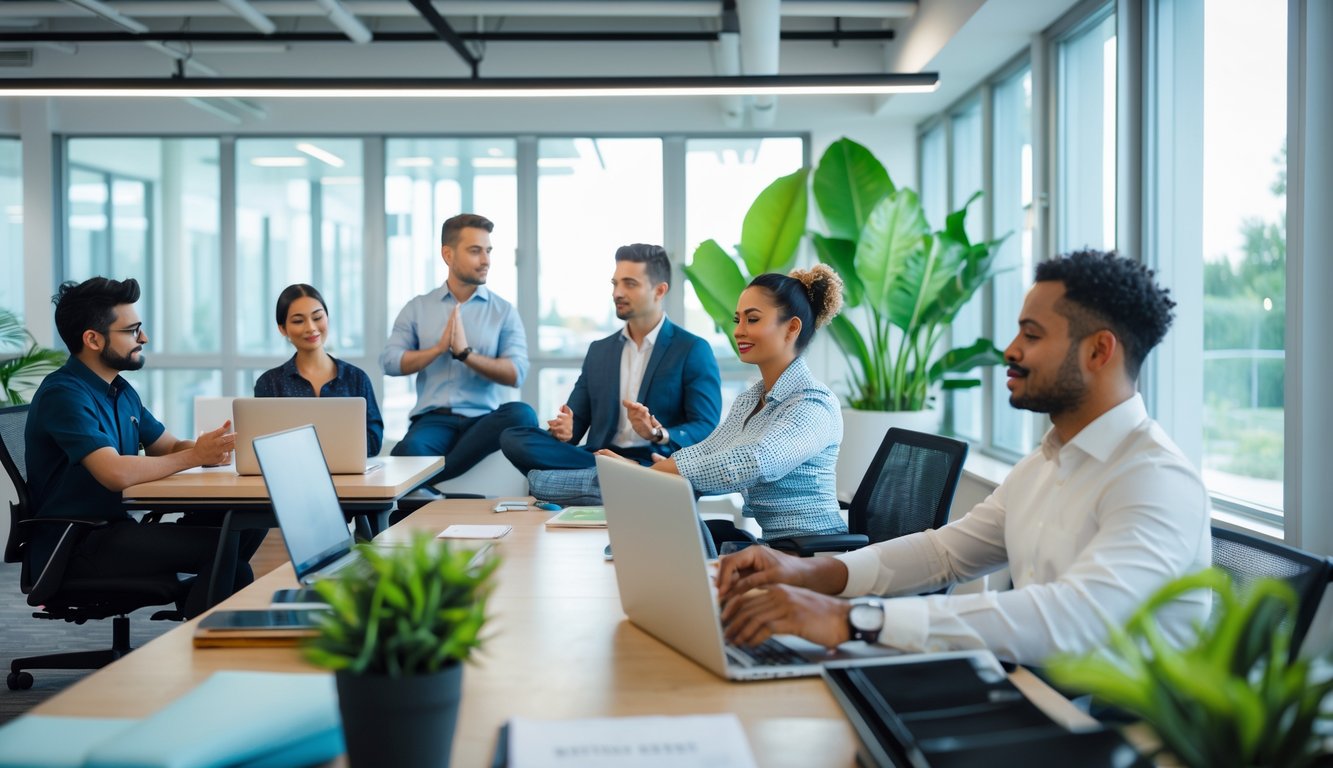 Sekelompok pekerja kantor sedang berdiskusi dan beristirahat di ruang kerja modern yang terang dan penuh tanaman hijau.