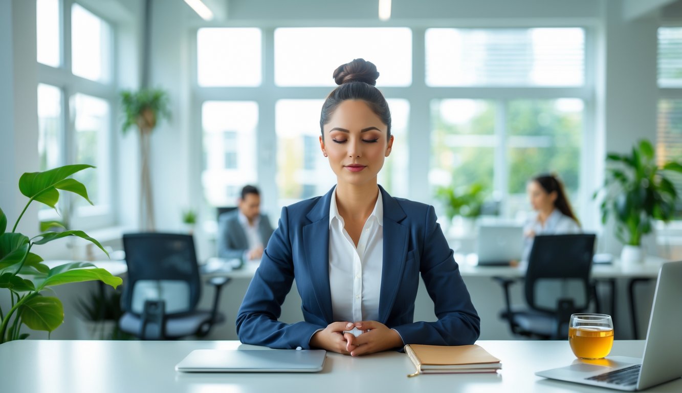 Seorang wanita profesional sedang bermeditasi singkat di meja kerjanya di kantor yang terang dan rapi.
