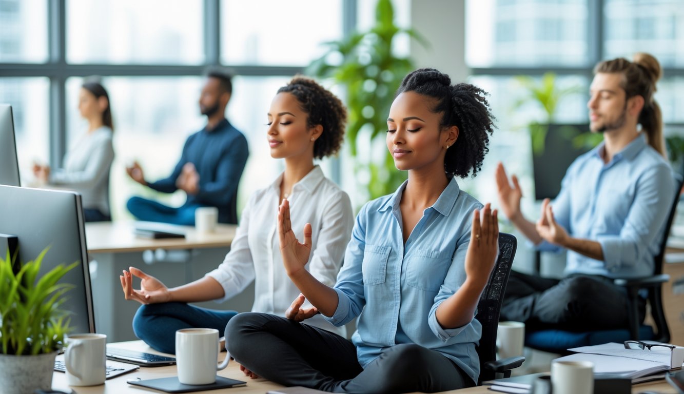 Sejumlah karyawan sedang bermeditasi singkat di meja kerja mereka di kantor yang terang dan tenang.