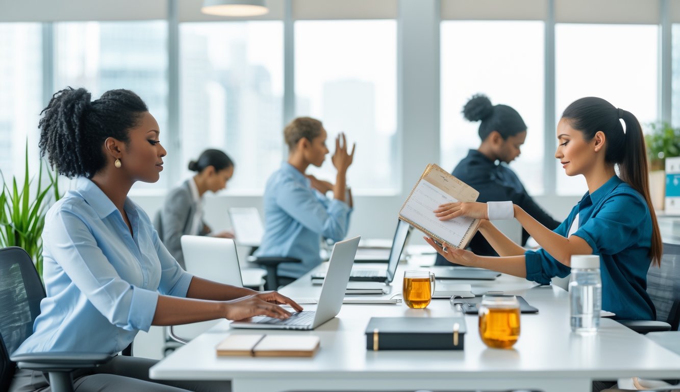 Orang-orang di kantor melakukan aktivitas kebugaran mental seperti meditasi, peregangan, dan mengatur jadwal di ruang kerja yang terang dan rapi.
