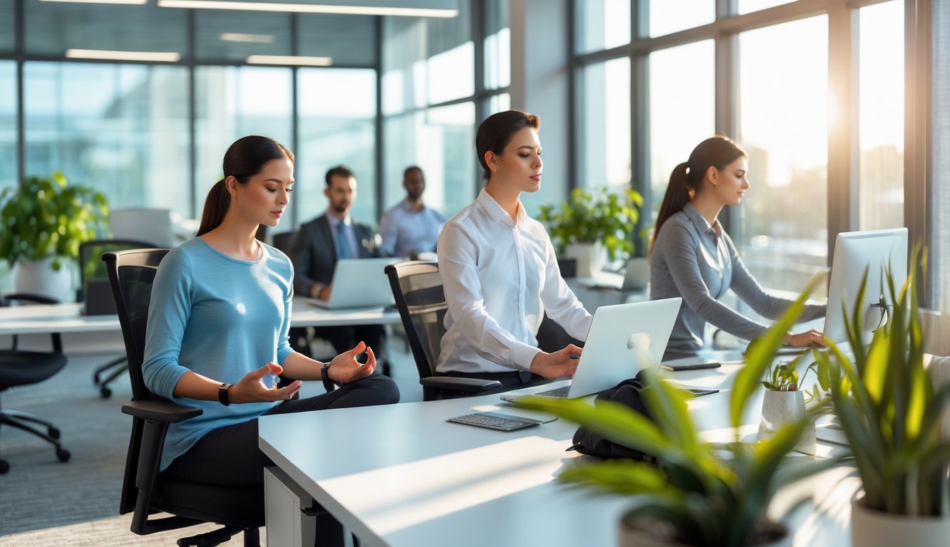Sejumlah pekerja kantor melakukan aktivitas untuk menjaga kebugaran mental, seperti meditasi, peregangan, dan menikmati cahaya alami di ruang kerja yang terang dan rapi.