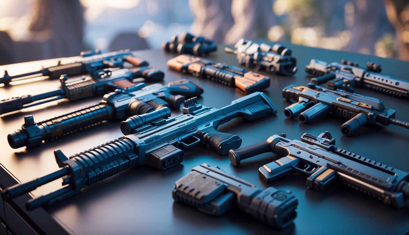 Berbagai senjata dari game Apex Legends tersusun rapi di atas permukaan logam gelap dengan latar belakang suasana permainan yang samar.