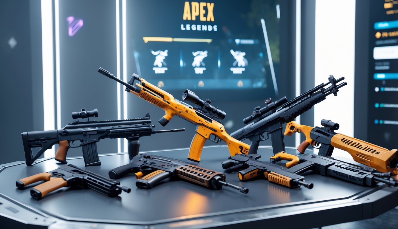 Beberapa senjata dari Apex Legends diletakkan rapi di atas meja futuristik dengan latar belakang lingkungan permainan modern.