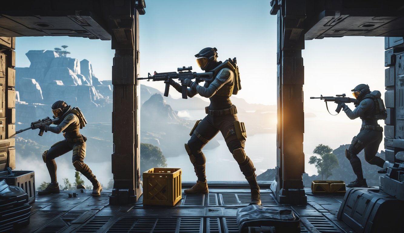 Tiga karakter dalam adegan pertempuran video game, satu menggunakan senjata jarak dekat, satu dengan senjata jarak menengah di balik perlindungan, dan satu lagi menembak dari jarak jauh di tempat tinggi.