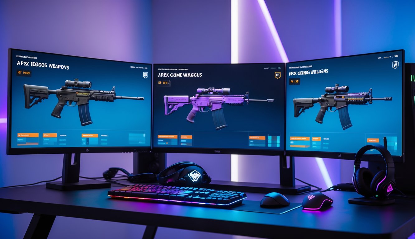Sebuah meja gaming dengan komputer dan dua monitor yang menampilkan pilihan senjata jarak dekat, menengah, dan jauh dari Apex Legends dalam suasana ruangan gaming futuristik.