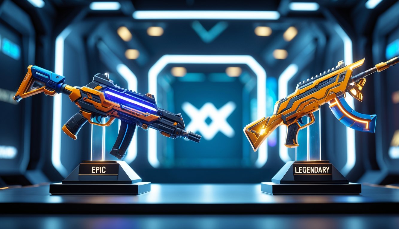 Dua senjata dari Apex Legends, satu Epic dan satu Legendary, dipajang berdampingan di sebuah ruang senjata futuristik dengan pencahayaan yang menyorot masing-masing senjata.