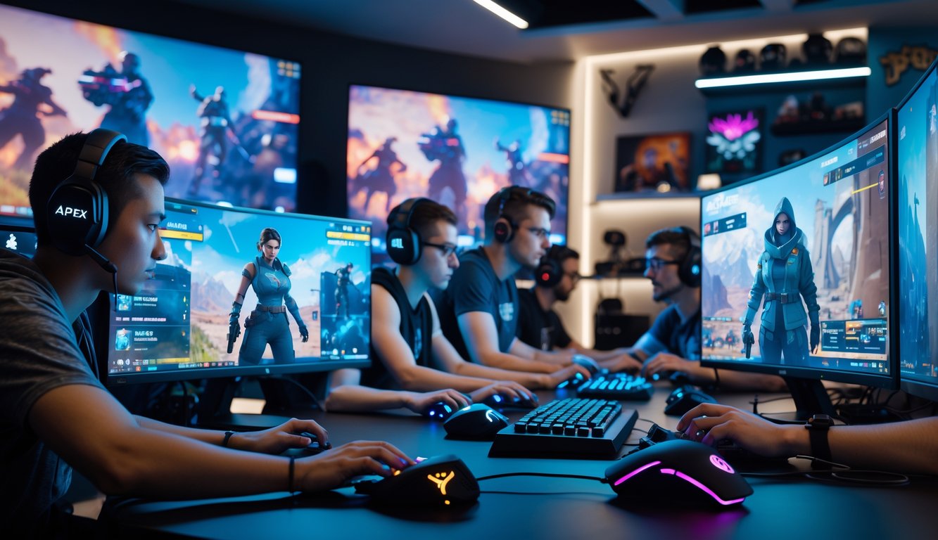 Sekelompok pemain sedang bermain Apex Legends dengan serius di sebuah ruangan gaming modern.