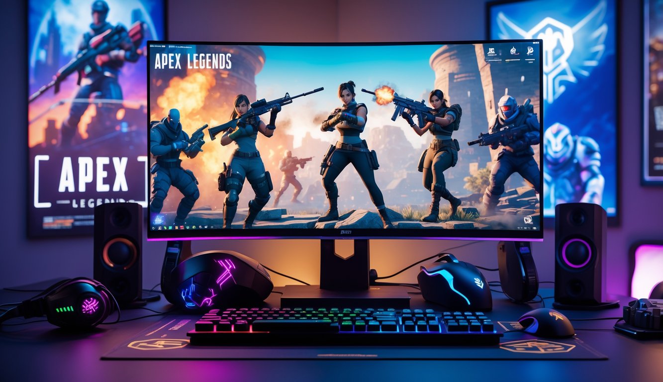 Sebuah setup gaming dengan monitor menampilkan pertempuran karakter Apex Legends menggunakan berbagai senjata.