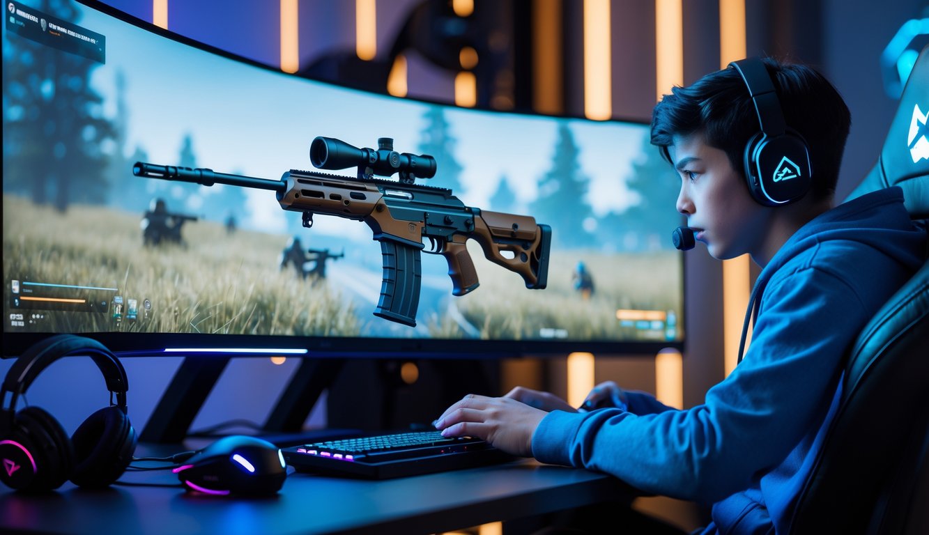 Seorang pemain game fokus menggunakan senjata sniper dan marksman di layar komputer dalam suasana ruang bermain.