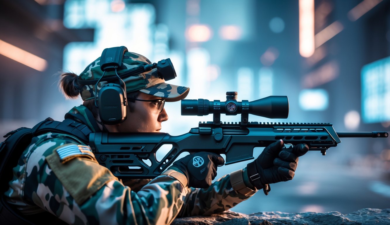 Seorang penembak jitu dengan perlengkapan militer modern sedang membidik dengan senapan sniper di posisi tersembunyi dalam lingkungan perkotaan.