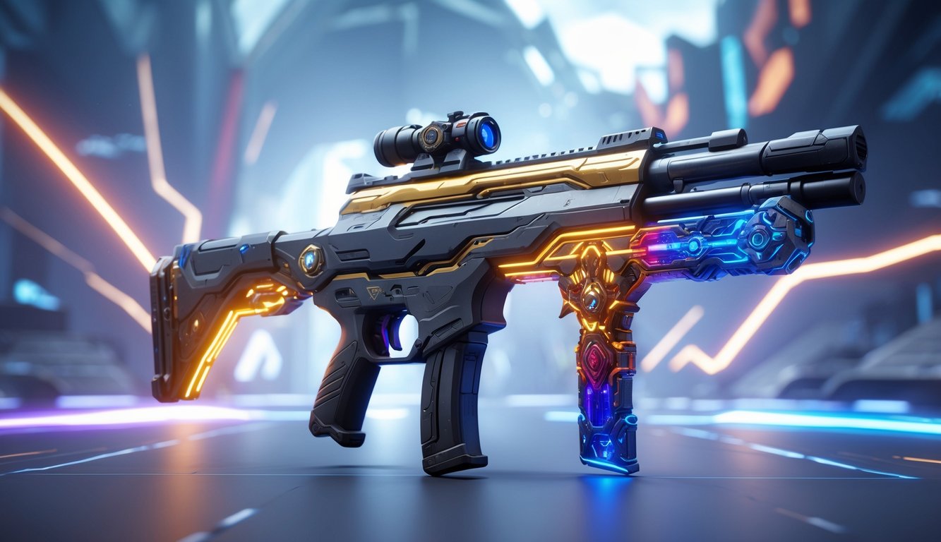 Sebuah senjata futuristik dengan kulit legendaris berwarna cerah di tengah latar belakang arena permainan yang dinamis.