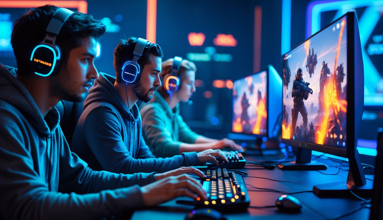 Tiga pemain game sedang fokus bermain di depan layar komputer dengan latar belakang adegan pertempuran futuristik.