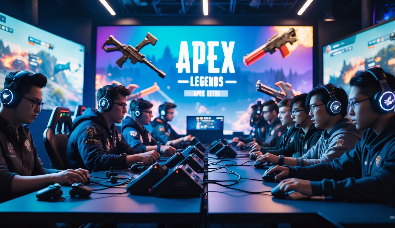 Sekelompok pemain game sedang bermain Apex Legends dengan latar medan pertempuran futuristik dan senjata canggih.
